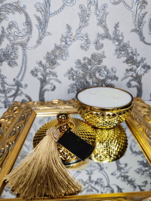 Natūrali sojų vaško žvakė stikliniame indelyje 350ml (auksinė)