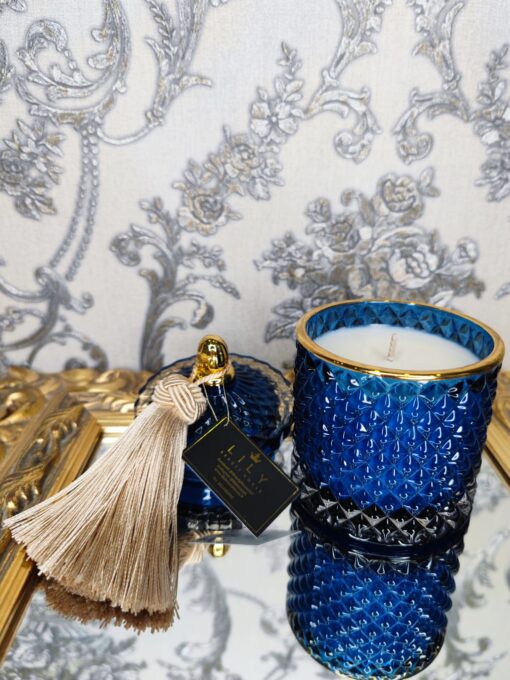 Natūrali sojų vaško žvakė stikliniame indelyje 250ml (mėlyna)