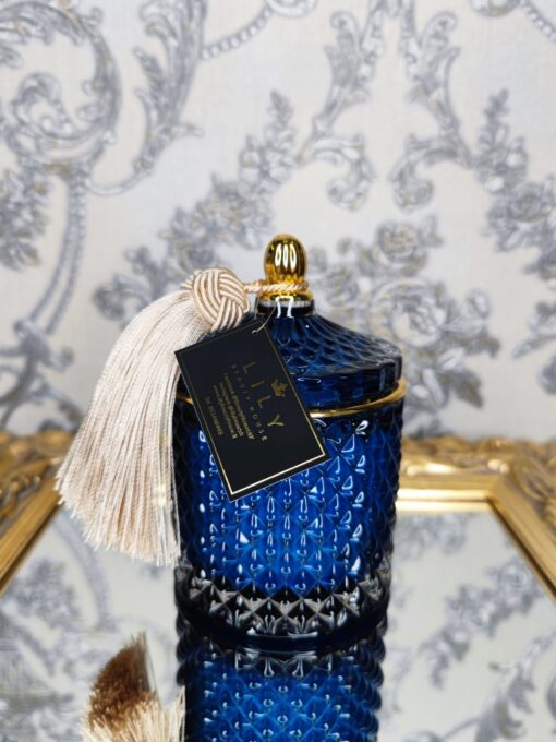 Natūrali sojų vaško žvakė stikliniame indelyje 250ml (mėlyna)