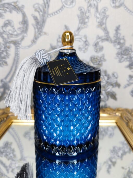 Natūrali sojų vaško žvakė stikliniame indelyje 500ml (mėlyna)