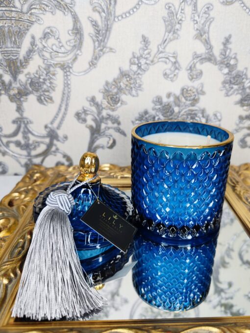 Natūrali sojų vaško žvakė stikliniame indelyje 500ml (mėlyna)