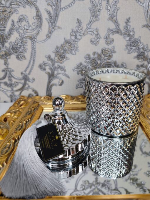 Natūrali sojų vaško žvakė stikliniame indelyje 500ml (sidabrinė)