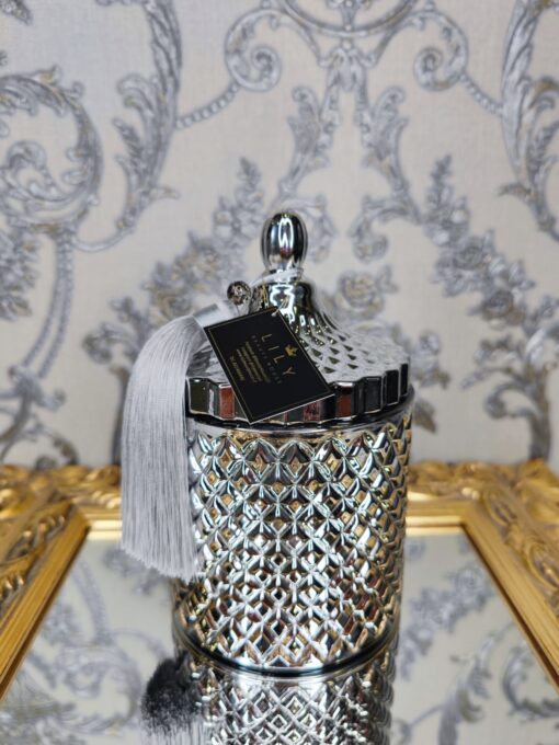 Natūrali sojų vaško žvakė stikliniame indelyje 500ml (sidabrinė)