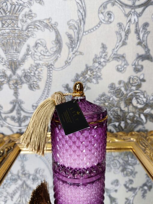 Natūrali sojų vaško žvakė stikliniame indelyje 250ml (violetinė)